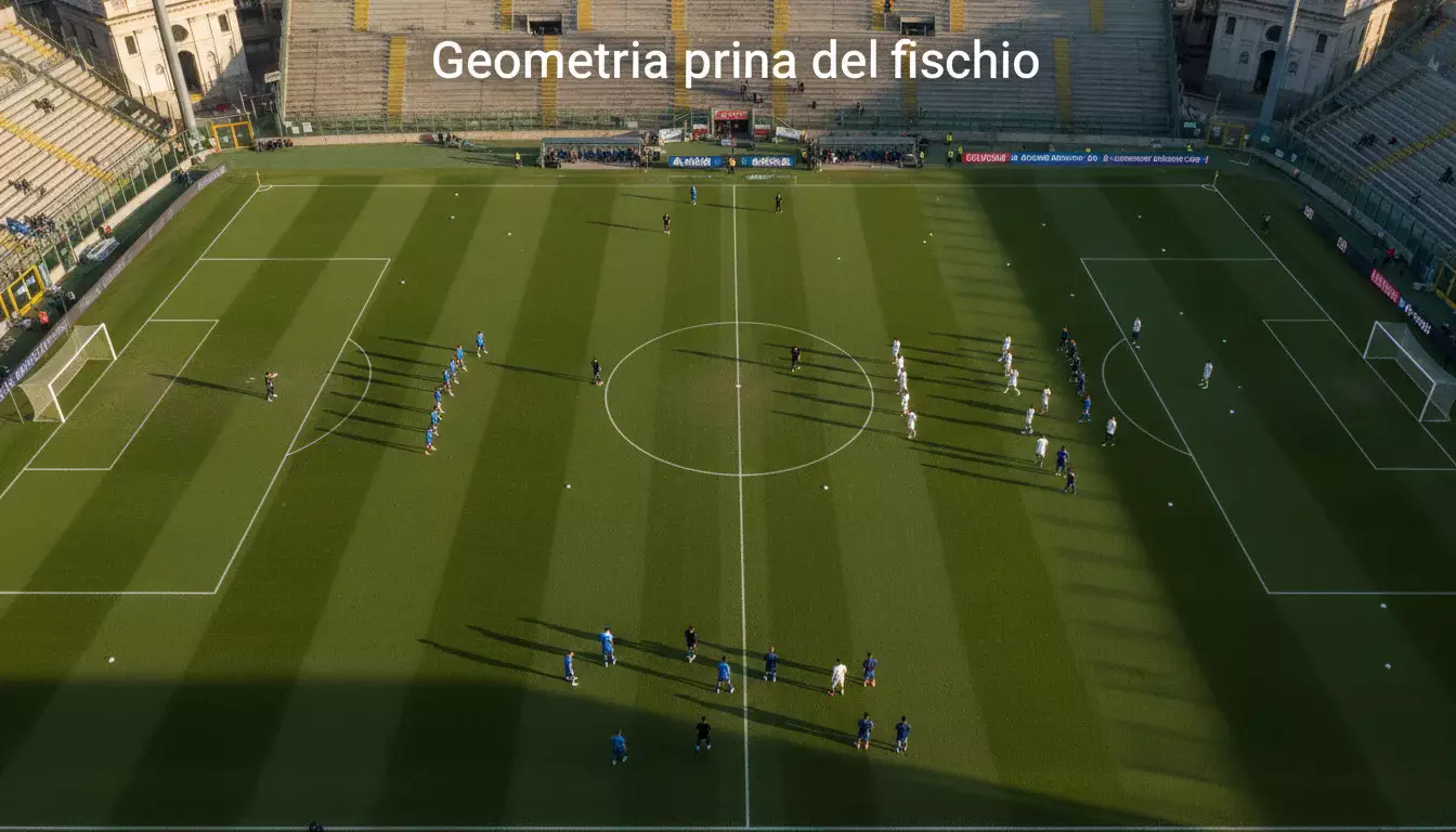 Campo di calcio visto dall'alto durante una partita di Serie A con formazioni schierate