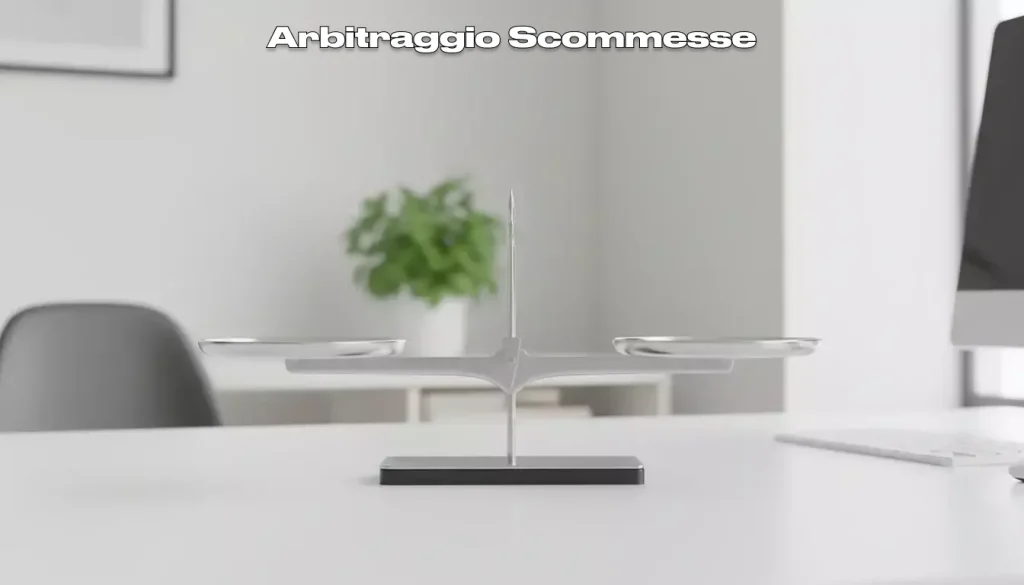 Arbitraggio scommesse: bilancia in equilibrio perfetto su sfondo neutro