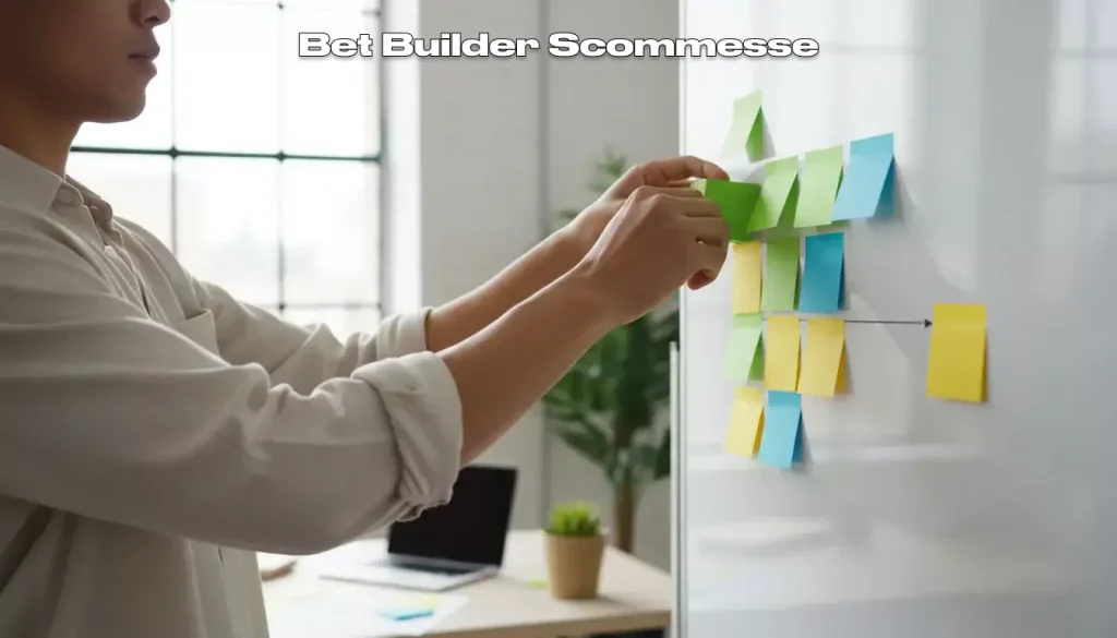 Bet Builder scommesse: persona che costruisce una strategia con blocchi colorati su una lavagna