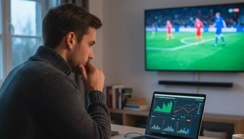 Pronostici calcio: analista che studia statistiche su laptop con partita in TV sullo sfondo