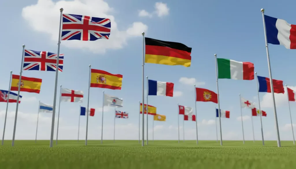 Scommesse calcio estero: bandiere di diverse nazioni europee su sfondo di campo da calcio
