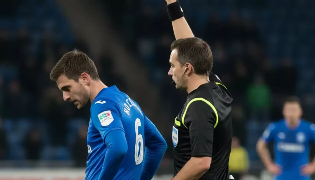 Scommesse cartellini calcio: arbitro che mostra un cartellino giallo a un calciatore