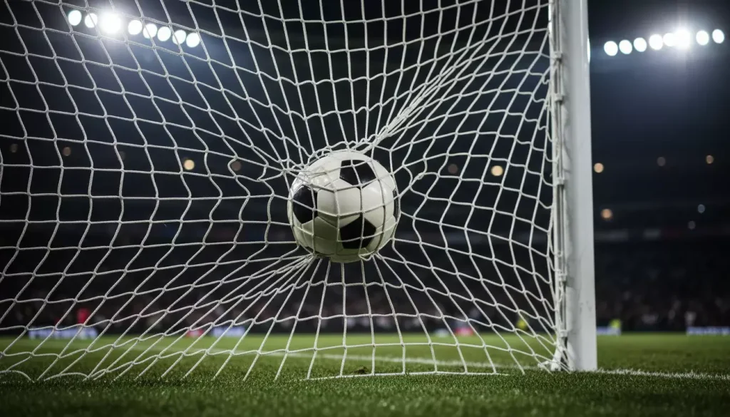 Scommesse Over 2.5: pallone che gonfia la rete durante un gol spettacolare
