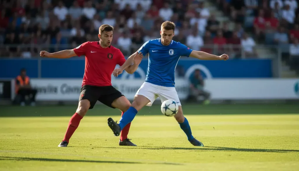 Scommesse Under 2.5: difensore che anticipa un attaccante durante un contrasto